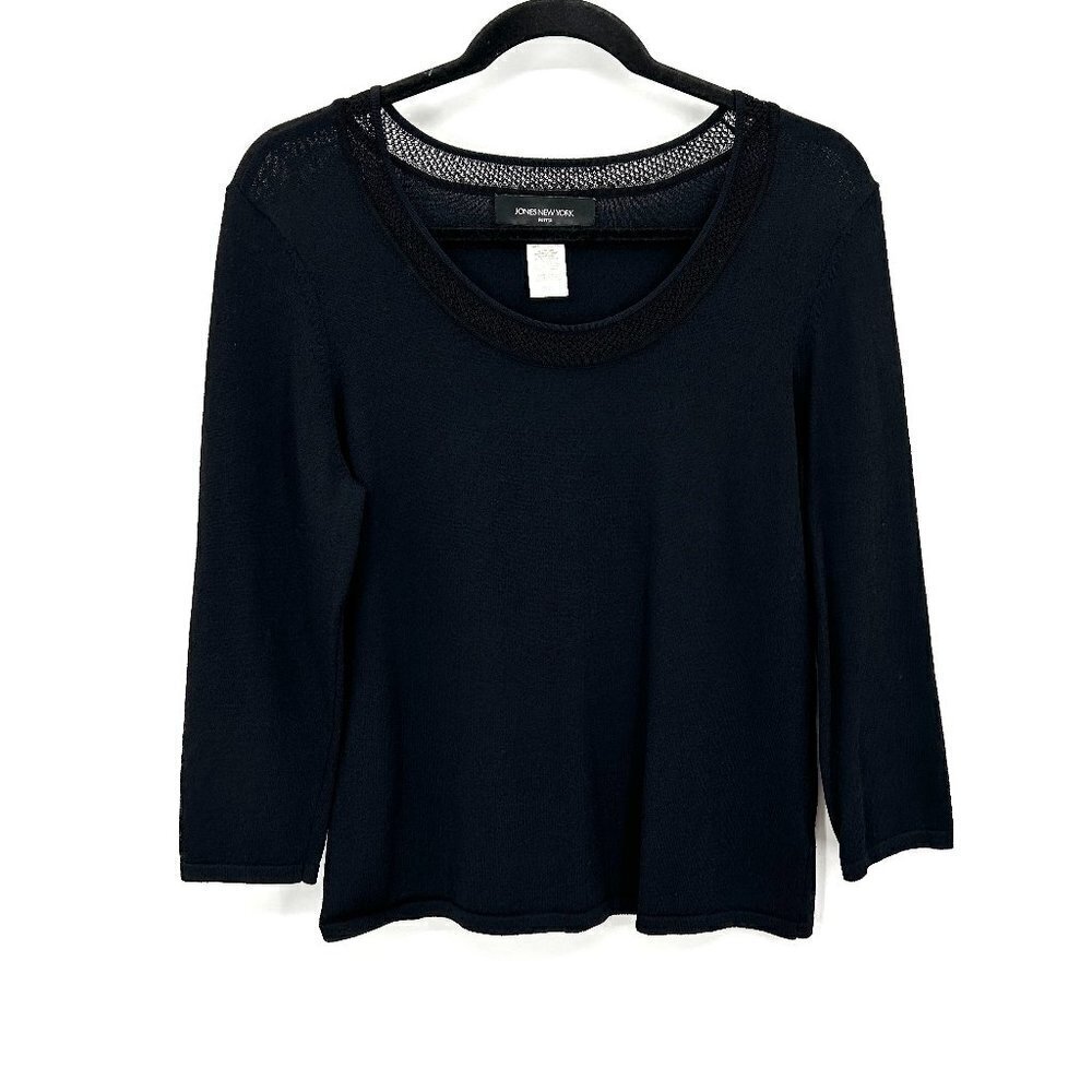 JONES NEW YORK Black Stretch Knit Boxy Long Sleeve Blouse Top Size Petite Medium